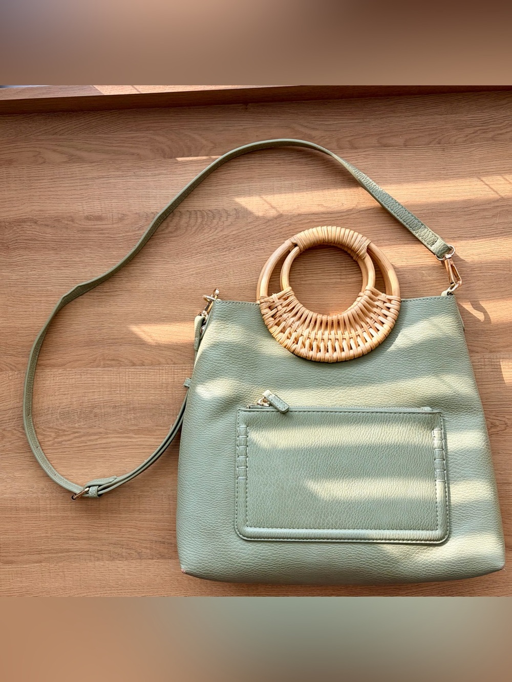 Olive Green Vegan Leather Handbag with Bamboo Handle